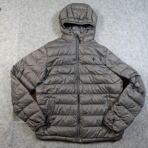 Polo Ralph Lauren Coat Womens Large Black Duck Down Puffer Hooded Zip FLAW